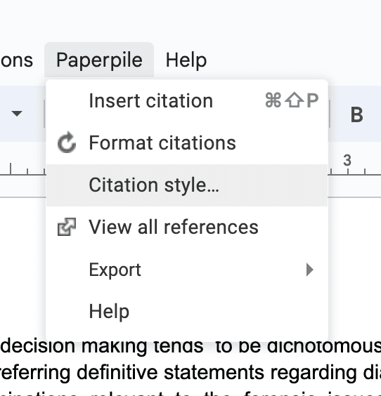 The Paperpile menu in the Google Docs top bar, open on Insert citation, Format citations, Citation style… (highlighted), View all references, Export and Help.